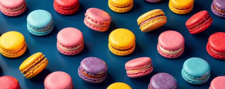 Vibrant seamless pattern of colorful macarons on dark blue background, seamless, dessert, colorful - Powered by Adobe