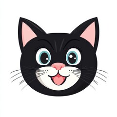 Cartoon cat face with blue eyes, black fur, and a cheerful expression