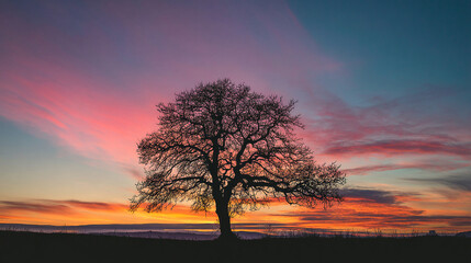 Obraz premium Sunset tree silhouette landscape scenic nature background outdoor sky horizon peaceful tranquil 100char