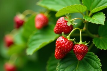 Vibrant strawberry flowers blooming with fresh green leaves, flowers, plant, white background