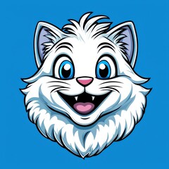 Obraz premium Cartoon cat face with large blue eyes and open mouth on bright blue background
