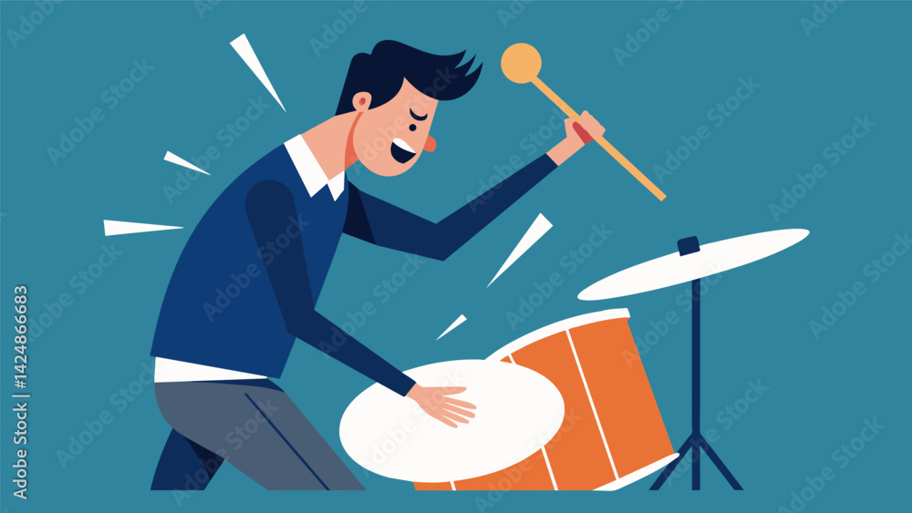 Poster a drummer trying out a used cymbal tapping it lightly and then hitting it with increasing force to t