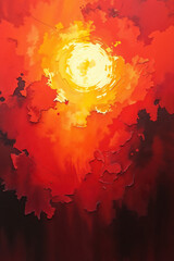 A blazing, abstract sun radiates from the center of a fiery sky, surrounded by swirling textures in vivid oranges, reds, and yellows.