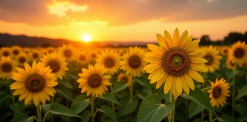 Obraz premium Vibrant sunflower field at golden hour with sun setting in background, sun, field, vibrant