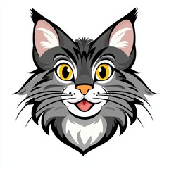 Obraz premium Cartoon illustration of a smiling gray cat with yellow eyes and a white chin patch