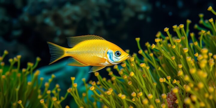 Vibrant symphodus fish swimming amidst lush posidonia seagrass, vibrant, snorkeling