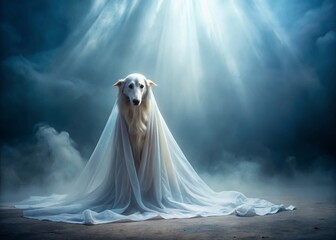 Ethereal Canine Spirit: Ghostly Dog Emerging from a Sheet