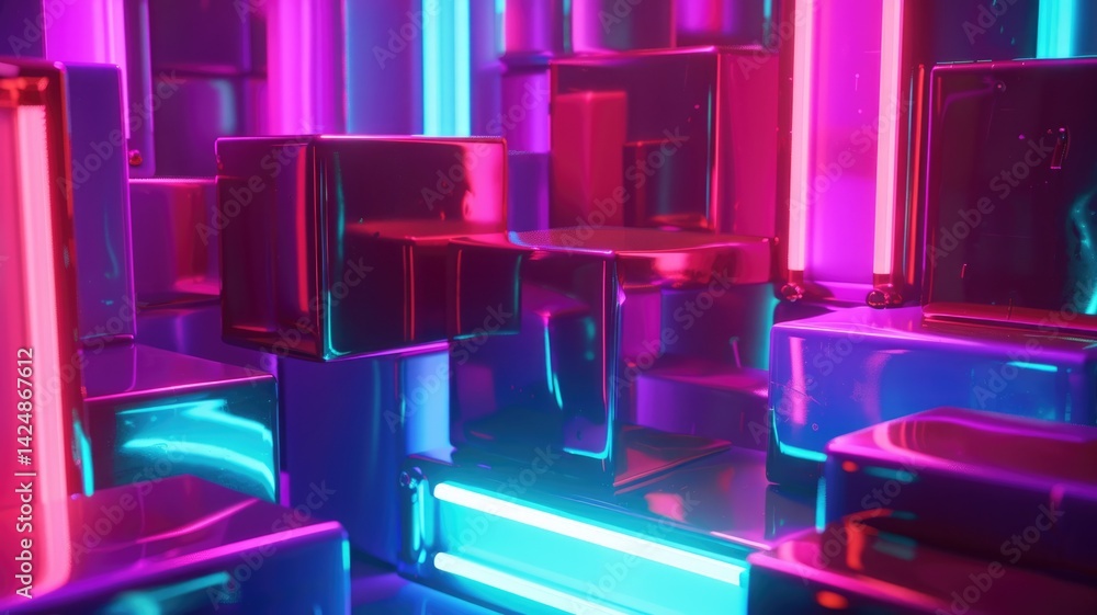 Poster abstract digital cubes with pink and blue glowing effects. digital artwork of 3d rendering geometric
