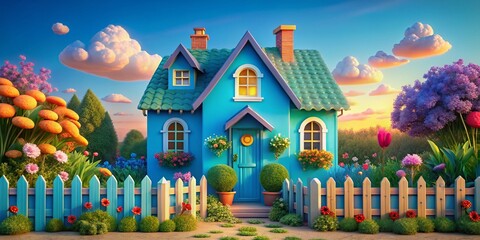 Fairytale Cottage: Blue House, Flower Garden, Claymation Style