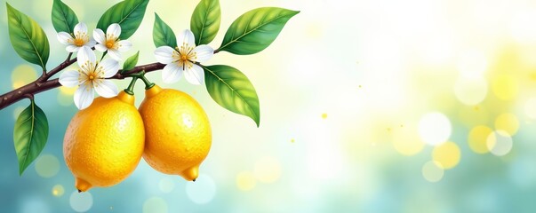 Vibrant watercolor painting of lemon tree with fruit and blossom, vibrant, lemon branch, botanical art