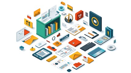Obraz premium Isometric Business Analytics Tools Illustration, Isometric illustration of business analytics tools, charts, and documents