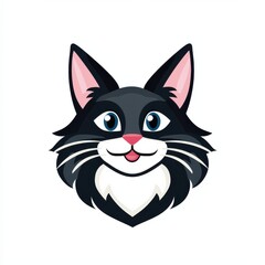 Obraz premium Cartoon illustration of a smiling black cat with blue eyes and a white chin patch