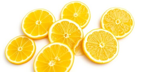 Obraz premium Vibrant yellow lemon slices, fresh and juicy, isolated on pure white background, simple, photography
