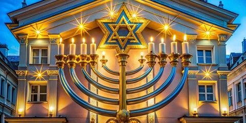 Obraz premium Festive Hanukkah Architecture: Golden Menorah & Blue Star Decorated Building