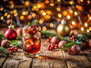 Festive Holiday Drink Panoramic: Christmas Ornaments & Ice on Rustic Wood