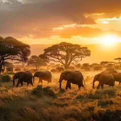 Obraz premium elephants at sunset