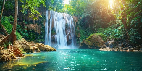 Tranquil Waterfall in a Lush Tropical Forest