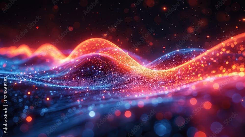Poster abstract glowing blue particles with light rays. digital art for design and art. abstract artwork of