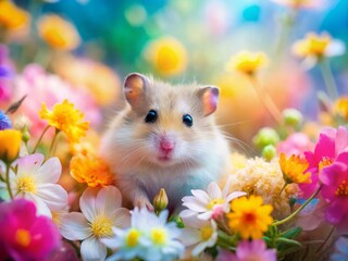 Fluffy Russian Hamster Double Exposure with Blooming Flowers - Stock Photo