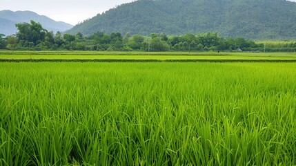 Green Rice Paddy Field with Mountain Background
