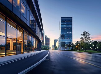 Modern Cityscape at Dusk with Empty Street