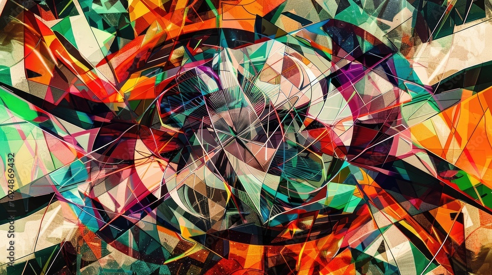 Poster this vibrant abstract artwork features dynamic geometric shapes and colors. its cubist influences cr