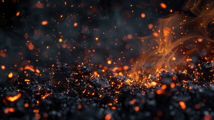 Fototapeta premium Close up image of glowing embers and flames. Macro photography of burning black coal with sparking flame. Fire and heat concept. Background image of glowing and flaming hot black charcoal. AIG53.