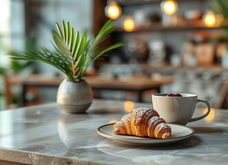 Croissant and Coffee in a Cozy Cafe Setting
