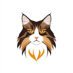 Obraz premium Cartoon illustration of a cat's face with dark brown and white fur, yellow eyes, and light orange whiskers
