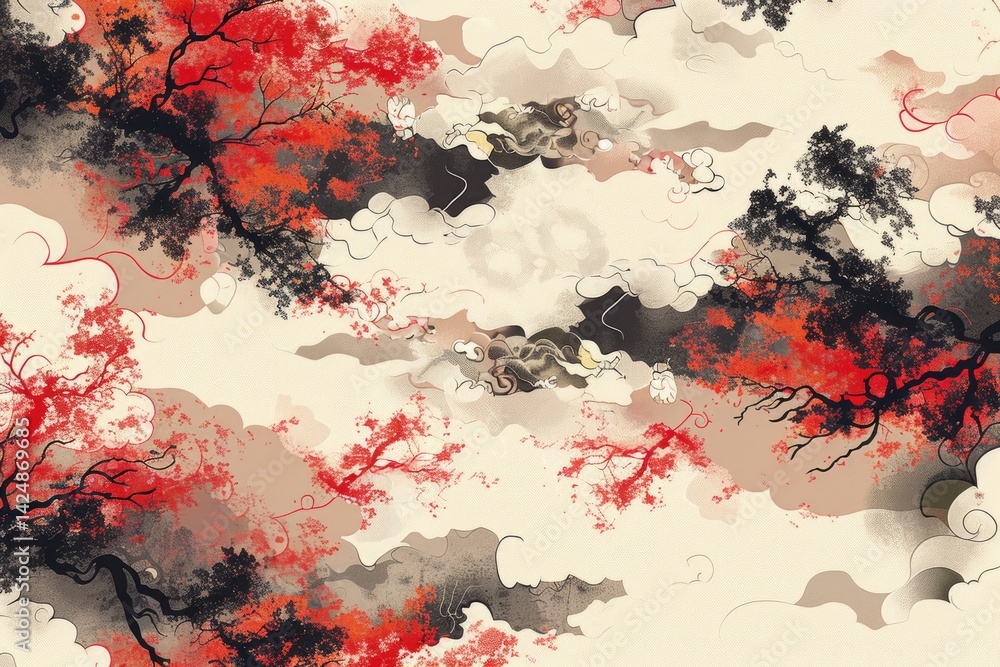 Poster abstract wavy lines and red circle on textured beige background. background image of sunset with red