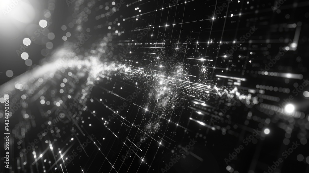 Poster futuristic digital network visualization with glowing nodes and lines on a dark background. abstract