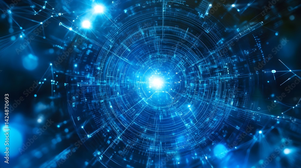 Poster a blue circle with a bright light in the center. the circle is surrounded by a network of lines and 