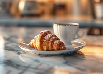 A Delicious Croissant with Coffee on a Marble Table