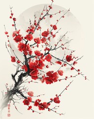 Blooming Plum Branch with Full Moon in the Background