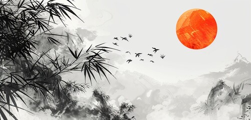 Black and White Ink Landscape with a Red Sun