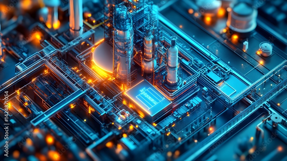 Poster a computer chip is lit up with orange lights. the image is of a factory or industrial setting