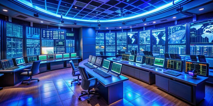 Futuristic Control Room: Night View of Advanced Technology & Monitoring Screens