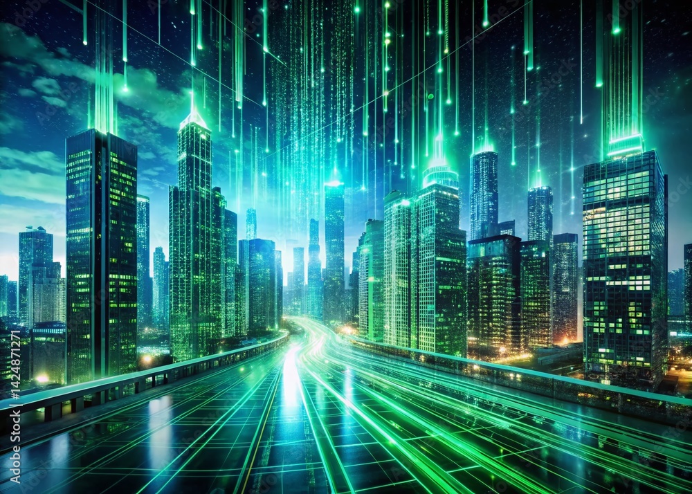 Aufkleber futuristic green binary code perspective: modern sci-fi technology background