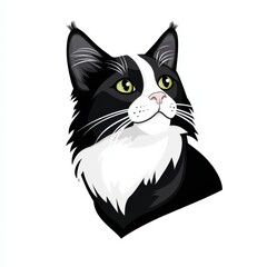 Obraz premium Stylized illustration of a cat's head with black and white fur and vivid green eyes
