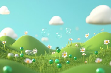 Cartoon landscape with green hills, daisies, and bubbles.