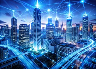 Obraz premium Futuristic Smart City: Glowing Blue Buildings & Pulsating Data Streams - Digital Cityscape Stock Photo