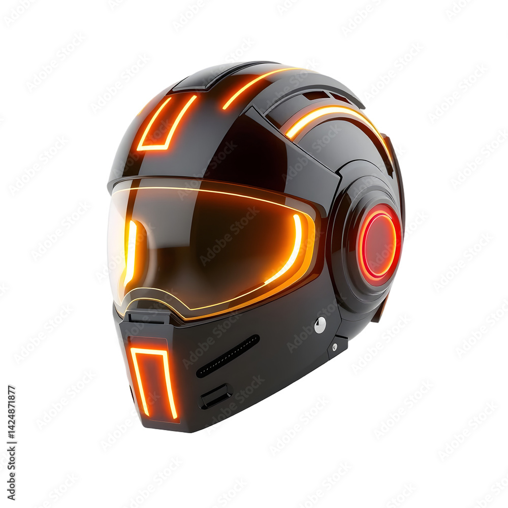 Poster futuristic helmet design, neon accents, a cutting edge concept. high tech headgear with glowing ligh