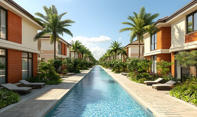 Fototapeta premium Serene tropical resort with a tranquil pool, surrounded by lush greenery and modern villas