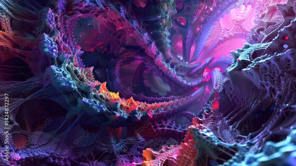 Poster intricate abstract digital artwork with vibrant colors and complex patterns. abstract art of 3d rend