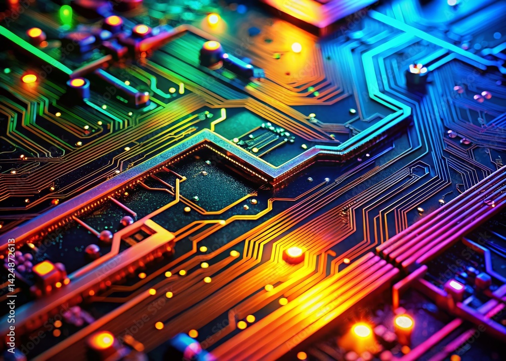 Poster glowing circuit board: abstract digital technology macro