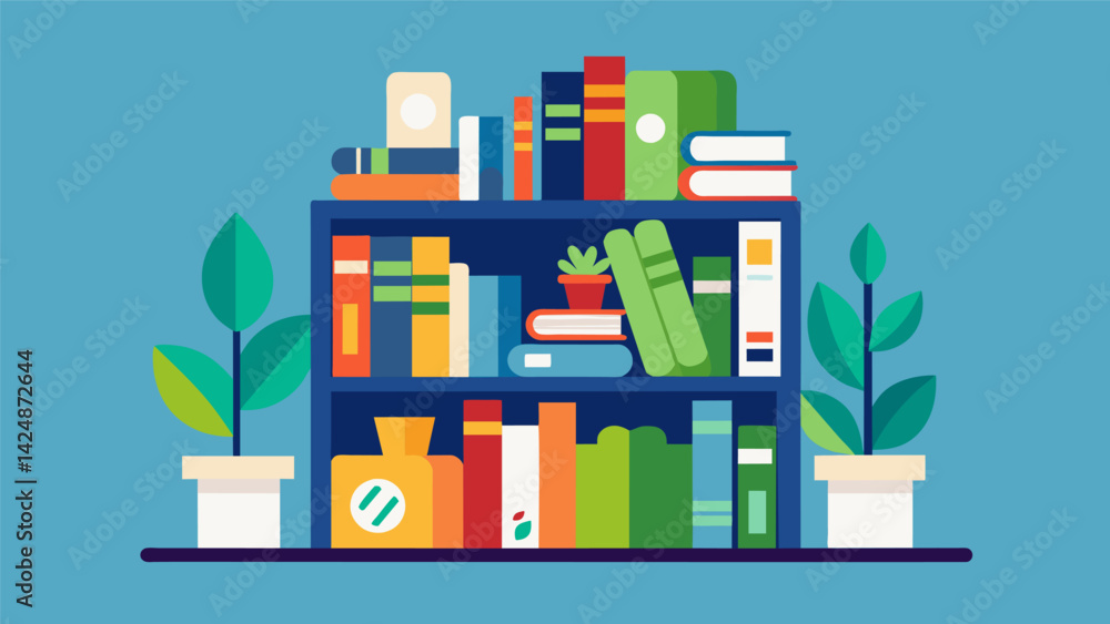 Poster a bookshelf filled with used books stacked creatively as a sustainable decoration.. vector illustrat