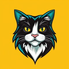 Fototapeta premium Cartoon illustration of a cat with black and white fur, yellow eyes, and blue-green ears