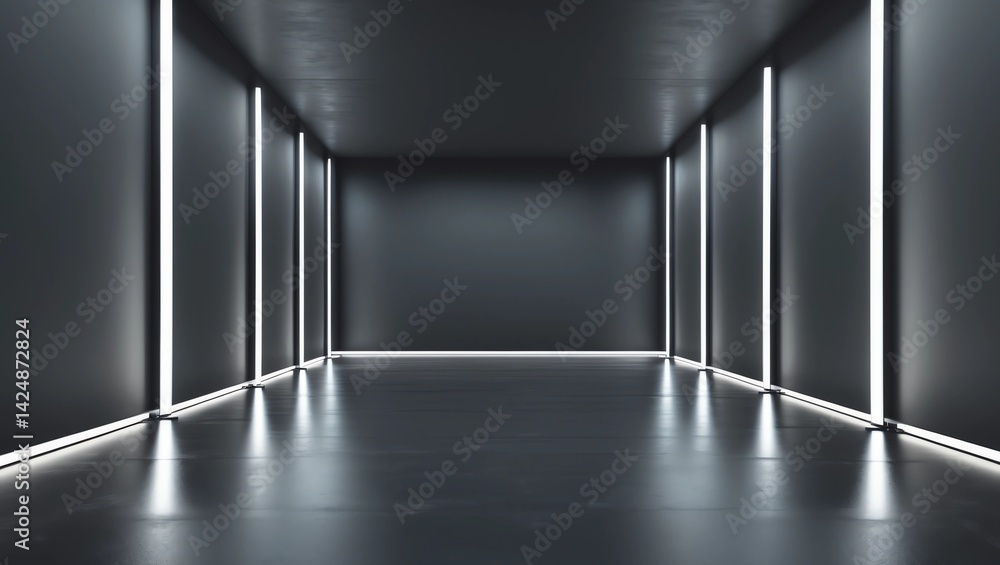 Poster front view on dark wall in dark modern empty room with led lights on walls. 3d rendering, mockup