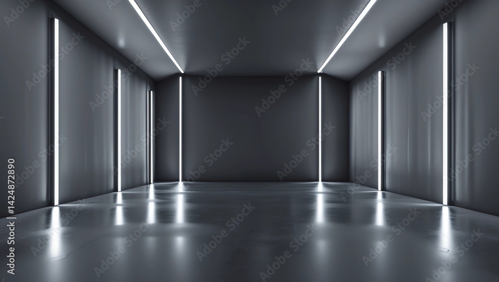 Poster front view on dark wall in dark modern empty room with led lights on walls. 3d rendering, mockup