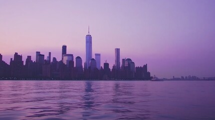 Fototapeta premium New York City skyline at dawn, bathed in lavender hues.
